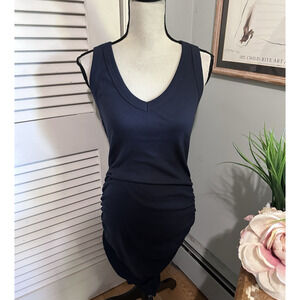 MICHAEL STARS Womens Dress Large Navy Blue Lori Ribbed Knit Ruched Midi V-Neck